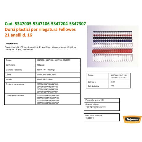 Dorsi plastici FELLOWES bianco ad anello tondo 16 mm - 101-120 fogli conf.100 - 5347005